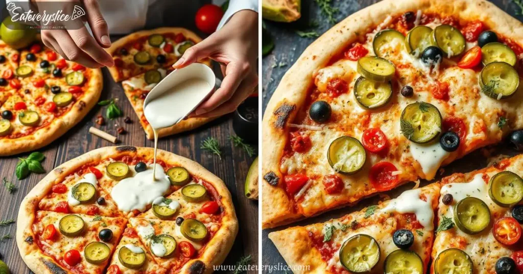 Eat Every Slice A vibrant spread of delicious pickle pizza combinations, showcasing a variety of pizzas topped with green dill pickles