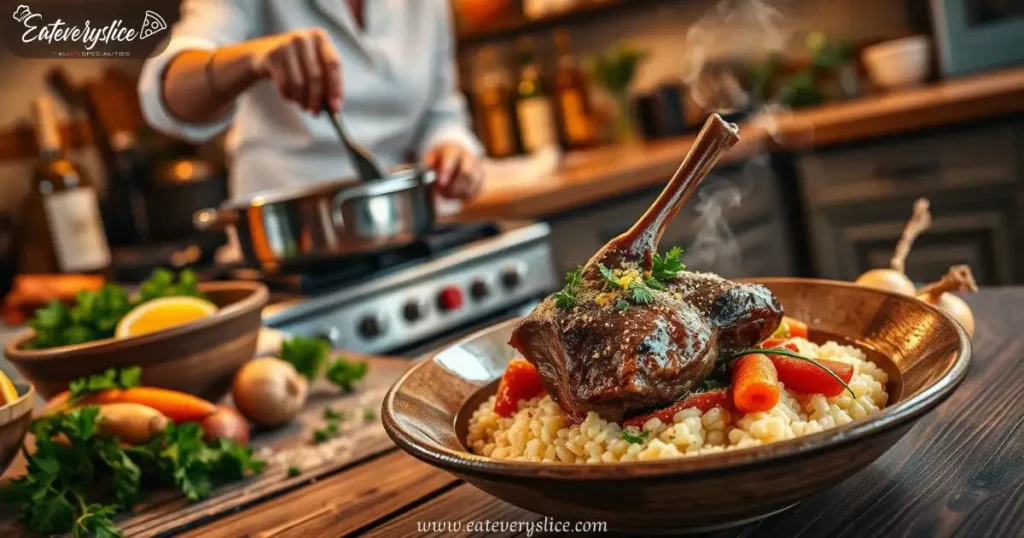 Eat Every Slice An elegant Italian kitchen scene featuring a woman chef preparing osso buco, with ingredients like veal shanks, vegetables