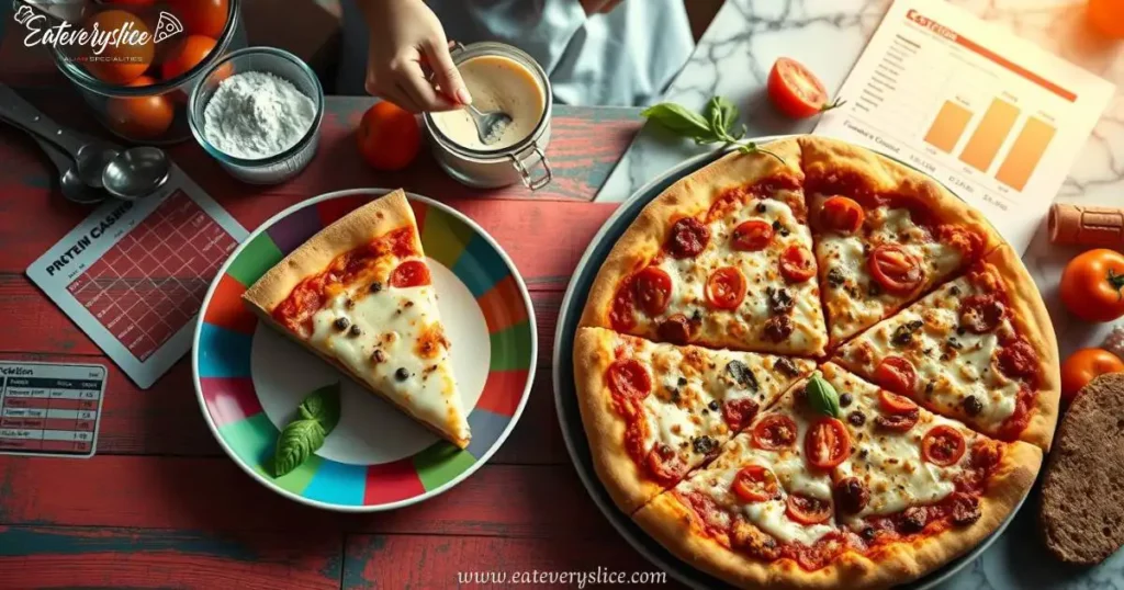 Eat Every Slice Costco pizza on a vibrant wooden table, with fresh ingredients like tomatoes, basil, and cheese