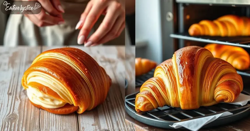 Eat Every Slice French croissant on a rustic wooden table, with the Italian croissant