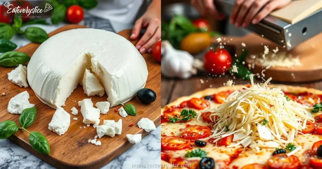 Eat Every Slice Fresh mozzarella cheese glistening with moisture, torn into pieces, surrounded by vibrant basil leaves and ripe tomatoes