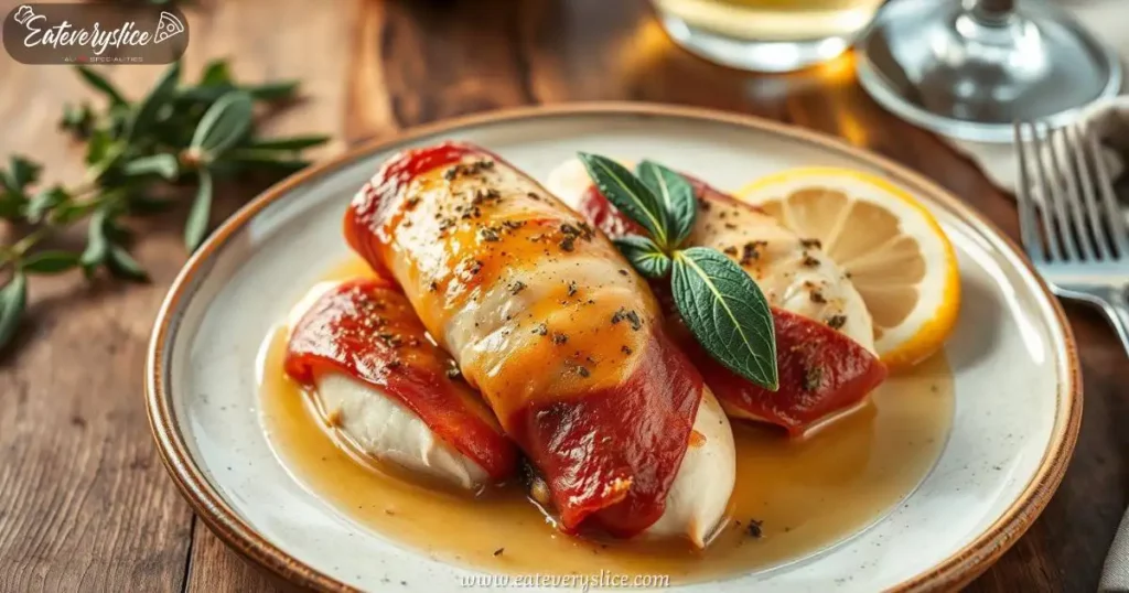 Eat Every Slice beautifully plated chicken saltimbocca dish featuring tender chicken wrapped in prosciutto, garnished with fresh sage leaves