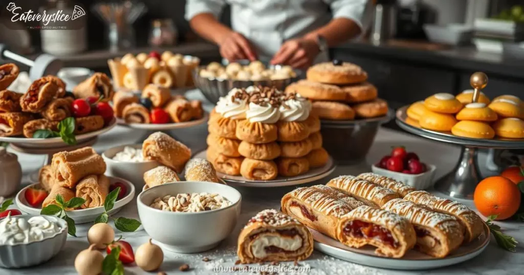 Eat Every Slice cannoli, tiramisu, and sfogiatelle, surrounded by fresh ingredients like ricotta and fruit, soft natural lighting