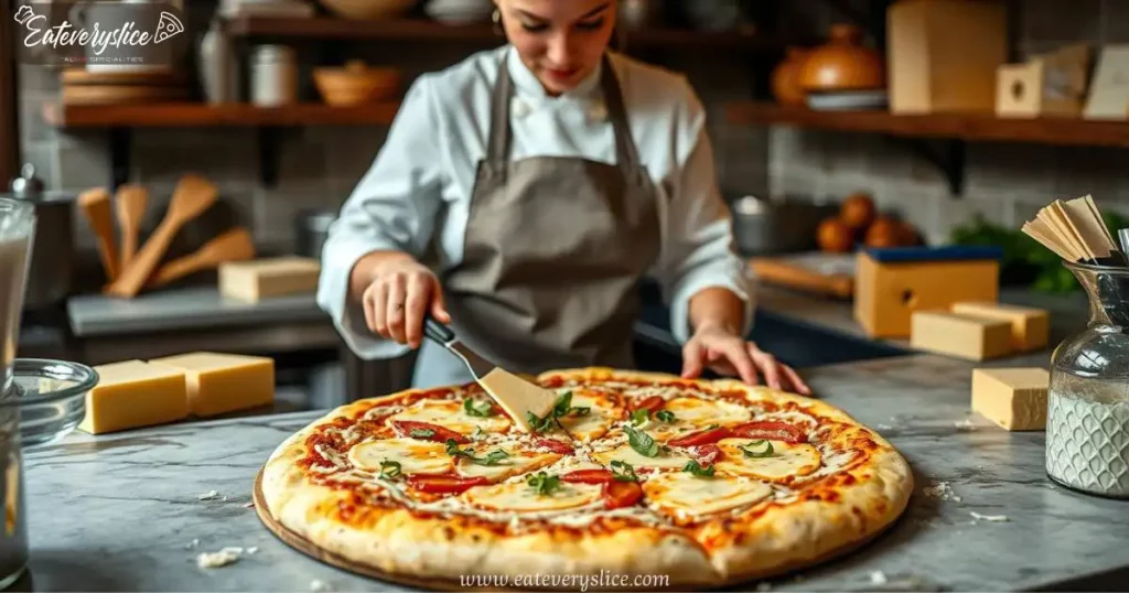 Eat Every Slice cheese pizza well prepared with different type of cheese, with a woman chef