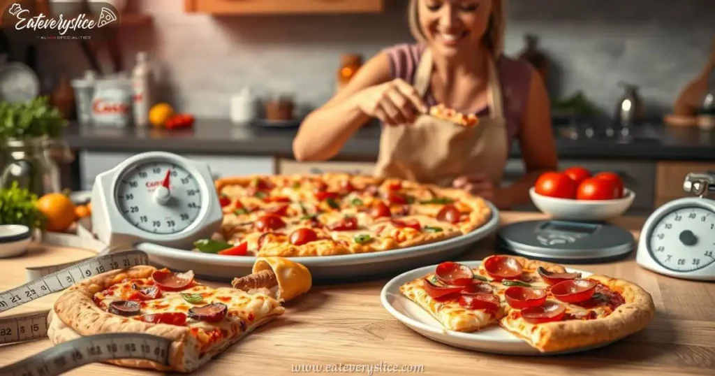 Eat Every Slice cheesy Costco pizza slice with visible toppings like pepperoni and vegetables, surrounded by a measuring tape and nutrition labels