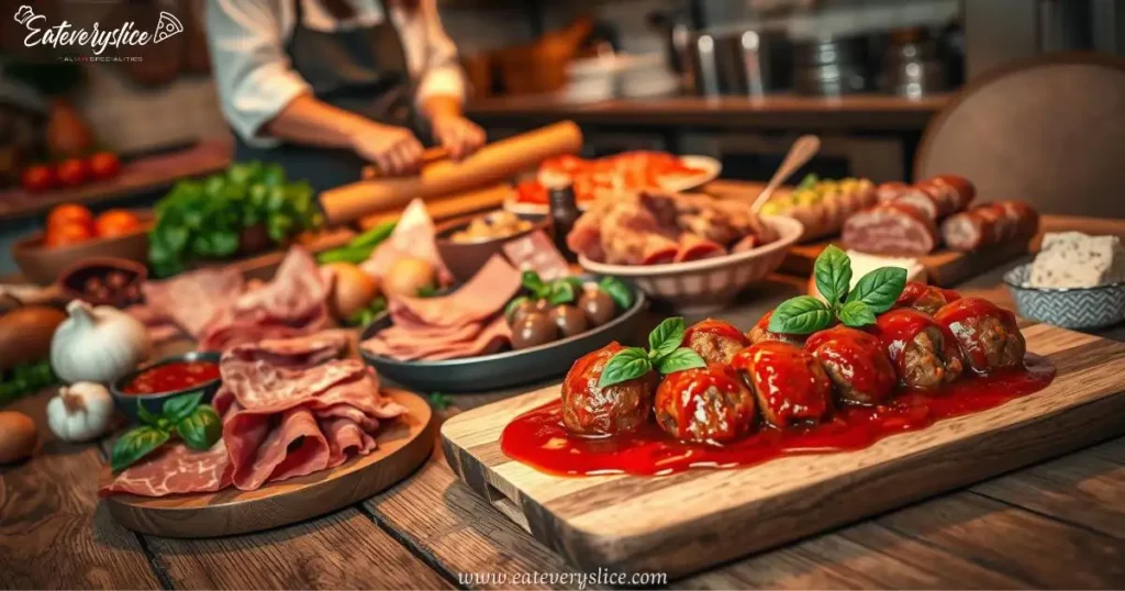 Eat Every Slice chef preparing traditional meat dishes, such as osso buco and porchetta, vibrant ingredients spread across a rustic wooden table