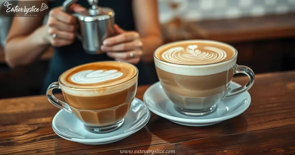 Eat Every Slice drinks beautifully crafted cappuccino with a rich layer of foam on top, contrasted with a smooth latte featuring intricate latte art