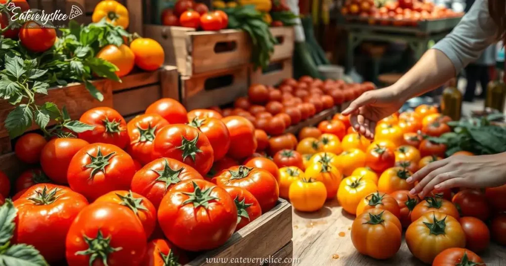 Eat Every Slice variety of fresh, ripe tomatoes in different shapes and colors