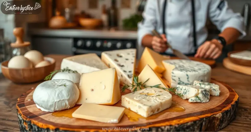 Eat every Slice An artisan pizza cheese selection displayed on a rustic wooden board, featuring a variety of gourmet cheeses like fresh mozzarella