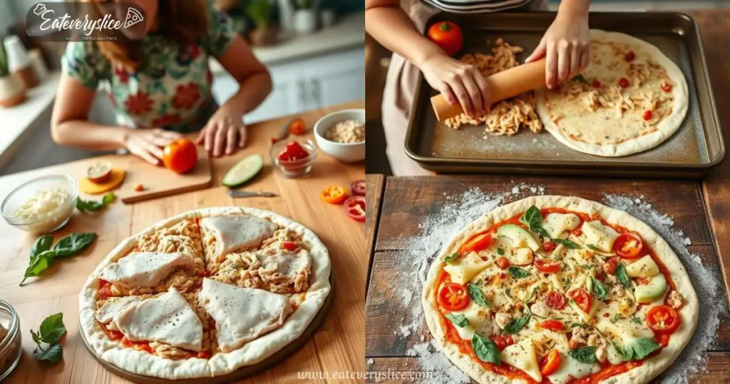 Eat Every Slice A close-up of fresh, raw chicken breasts being shaped into a pizza crust on a wooden cutting board, surrounded by various low-carb toppings like cheese