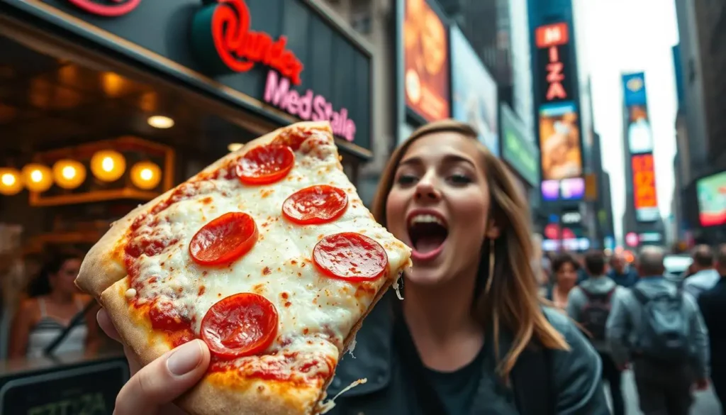 Eat Every Slice A vibrant New York City street scene featuring a close-up of a classic NY sized slice of pizza topped with gooey mozzarella