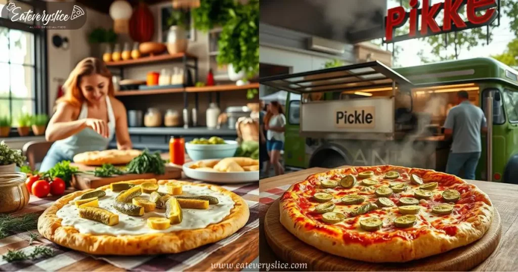 Eat Every Slice A vibrant, inviting kitchen scene with a woman expertly assembling a unique pickle pizza, fresh ingredients spread across the counter