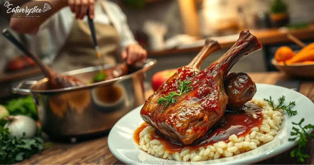 Eat Every Slice Braised meat in a rustic kitchen, slow-cooked shanks with rich gravy, surrounded by fresh herbs and vegetables