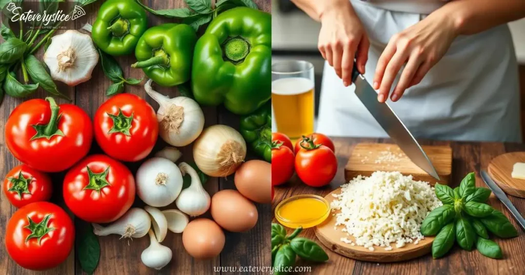 Eat Every Slice Ingredients for Italian shakshuka vibrant red tomatoes, fresh green bell peppers, golden onions, cloves of garlic, eggs, olive oil