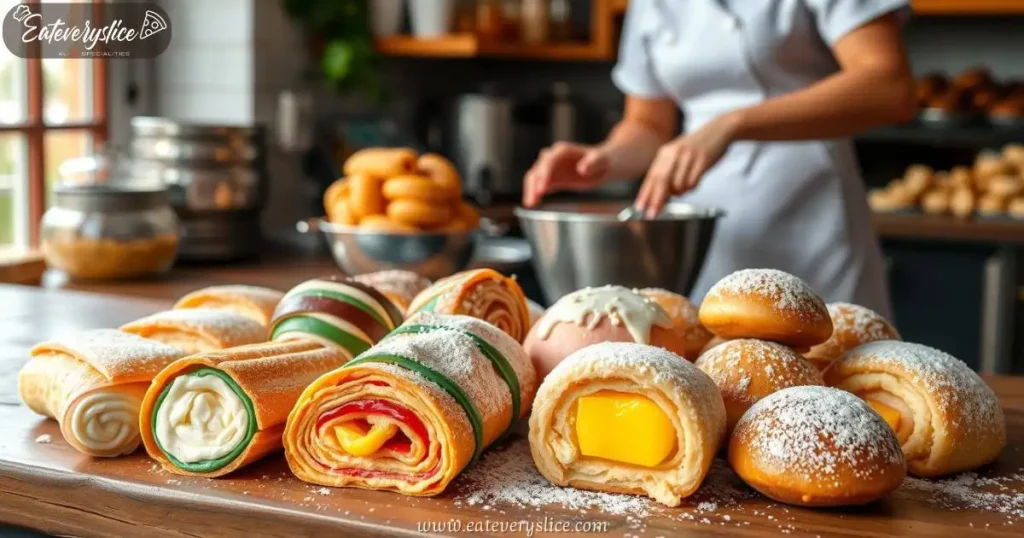 Eat Every Slice assortment of classic Italian pastries on a rustic wooden table, featuring cannoli filled with sweet ricotta, delicate sfogliatelle with flaky layers, colorful