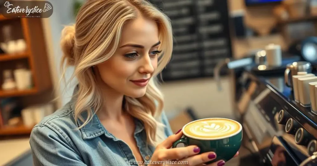 Eat Every Slice beautiful ladie waiting to pickup cup of cappuccino showcasing the creamy swirls and frothy textures