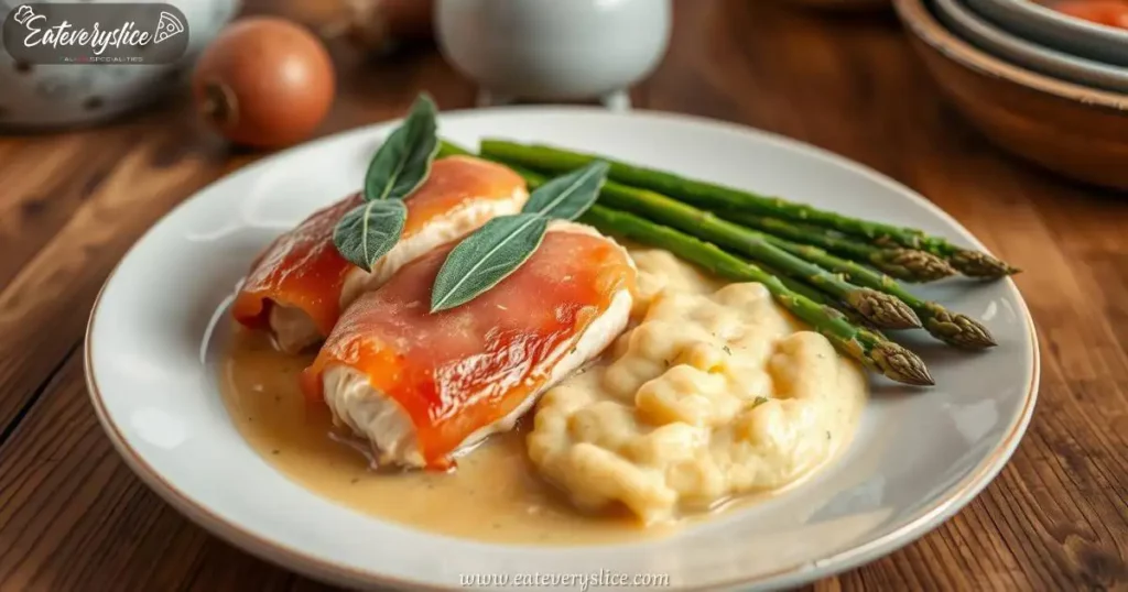 Eat Every Slice beautifully arranged plate of chicken saltimbocca, featuring tender chicken breasts wrapped in prosciutto, garnished with fresh sage leaves