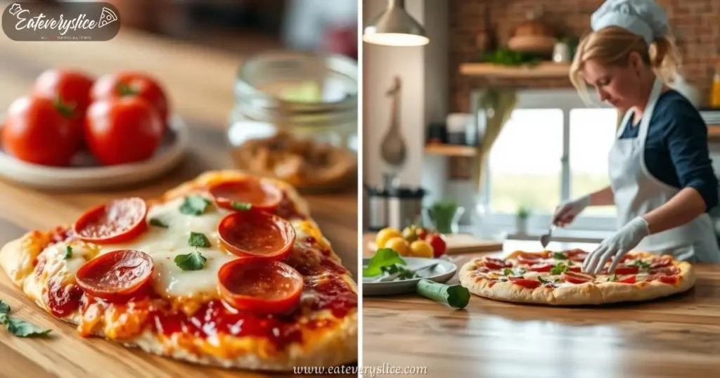 Eat Every Slice delicious Costco pizza slice on a wooden table, showcasing gooey cheese, pepperoni, and a thick crust, with fresh ingredients like tomatoes and herbs