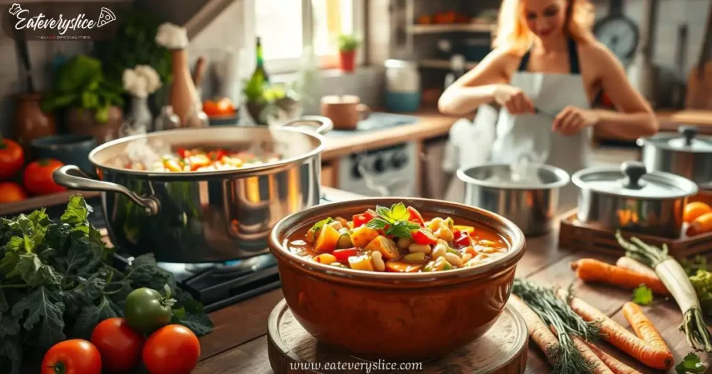 Eat Every Slice large pot of minestrone soup simmering on the stove, vibrant vegetables like tomatoes, zucchini, and beans visible, fresh basil