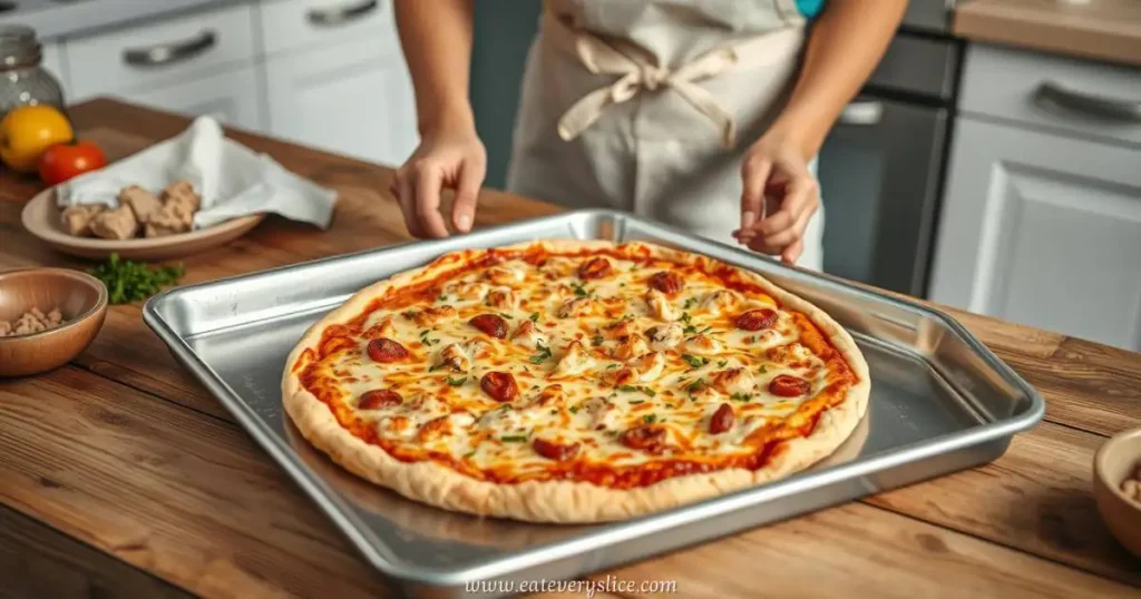 Eat Every Slice stainless steel baking sheet adorned with a golden-brown canned chicken pizza crust, set on a rustic wooden kitchen