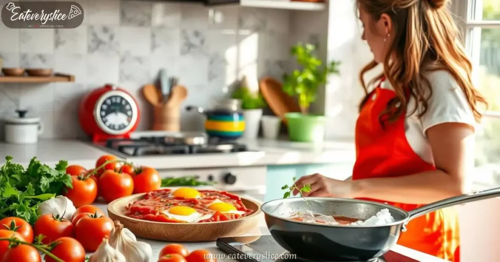 Eat Every Slice woman chef preparing Italian style eggs in tomato sauce, with fresh ingredients like tomatoes, garlic, and herbs on the counter