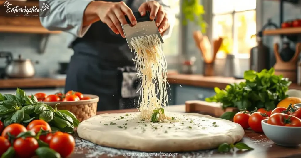 Eat Every Slie A vibrant kitchen scene featuring a chef grating organic mozzarella cheese over a freshly made pizza dough