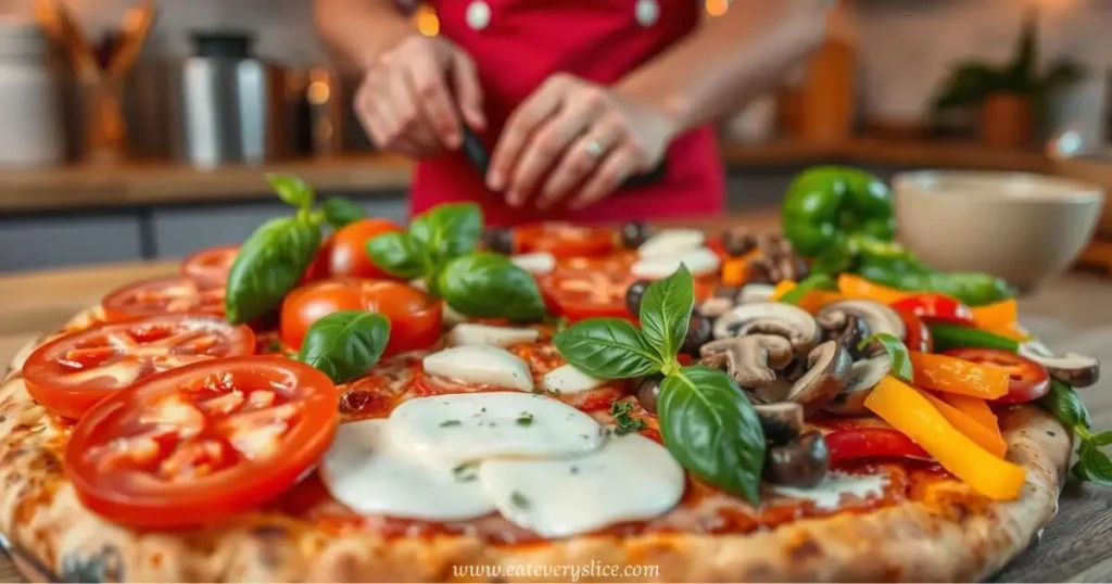 Eat Every Slice A vibrant assortment of homemade pizza toppings, including fresh basil leaves, ripe tomatoes, slices of mozzarella