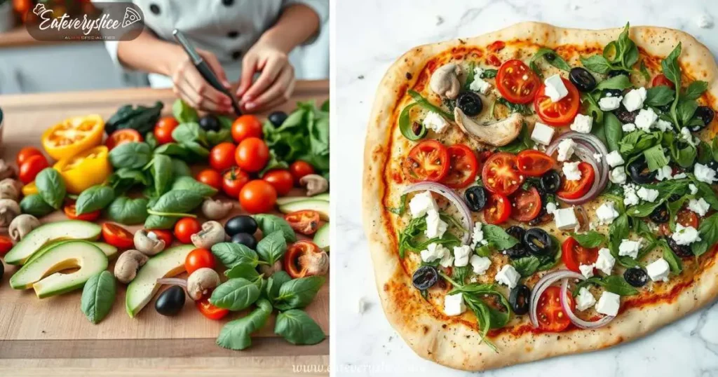 Eat Every Slice An array of colorful and healthy pizza toppings spread across a wooden table, featuring fresh basil leaves, sliced bell peppers, cherry tomatoes, mushrooms, and olives