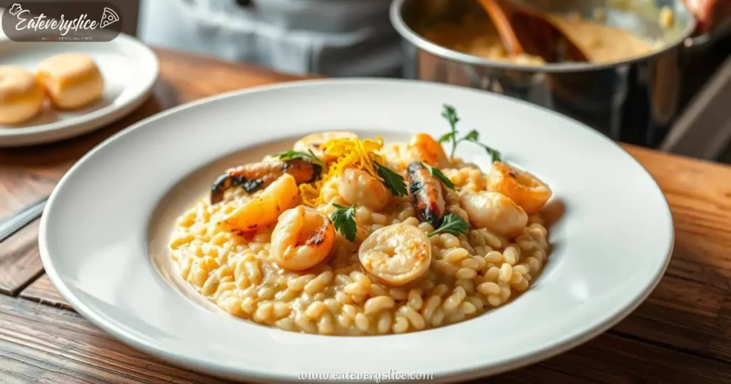 Eat Every Slice An elegant plate of creamy Italian seafood risotto, garnished with fresh herbs and lemon zest, beautifully presented on a rustic wooden table