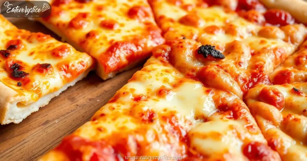 Eat Every Slice Close-up of a delicious cheese pizza slice with different crust types displayed around it