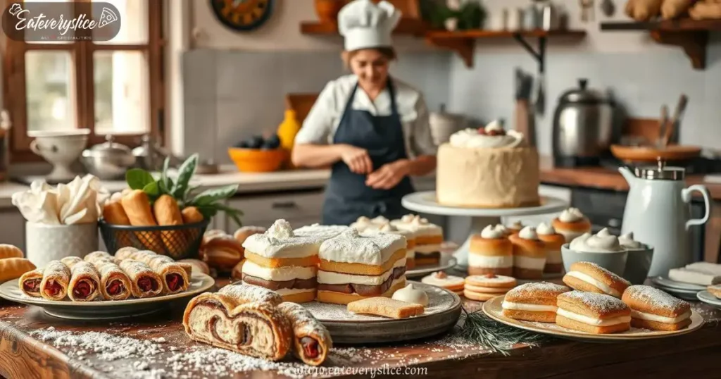 Eat Every Slice Italian pastries, including cannoli, tiramisu, and sfogliatelle, surrounded by fresh ingredients like mascarpone