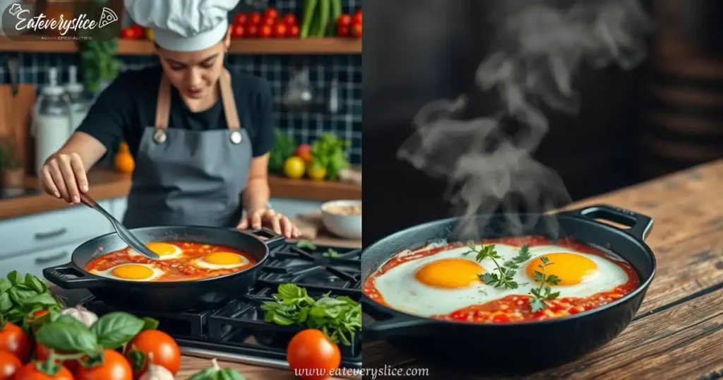 Eat Every Slice cast iron skillet sizzling on the stove fresh basil