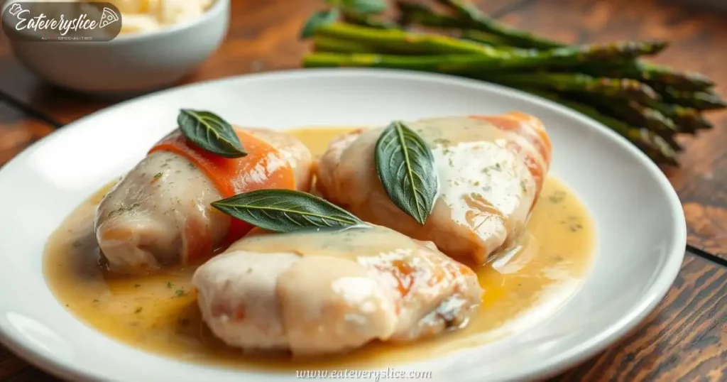 Eat Every Slice chicken saltimbocca, tender chicken breasts wrapped in prosciutto, sage leaves, glossy white wine sauce