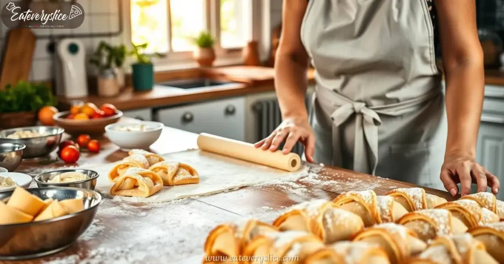 Eat Every Slice cozy Italian kitchen filled with natural light, a woman in an apron skillfully rolling out dough for cornetti, flour dusting the wooden surface