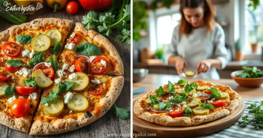 Eat Every Slice healthy pickle pizza with a whole grain crust, topped with fresh green pickles, cherry tomatoes, and a sprinkle of feta cheese