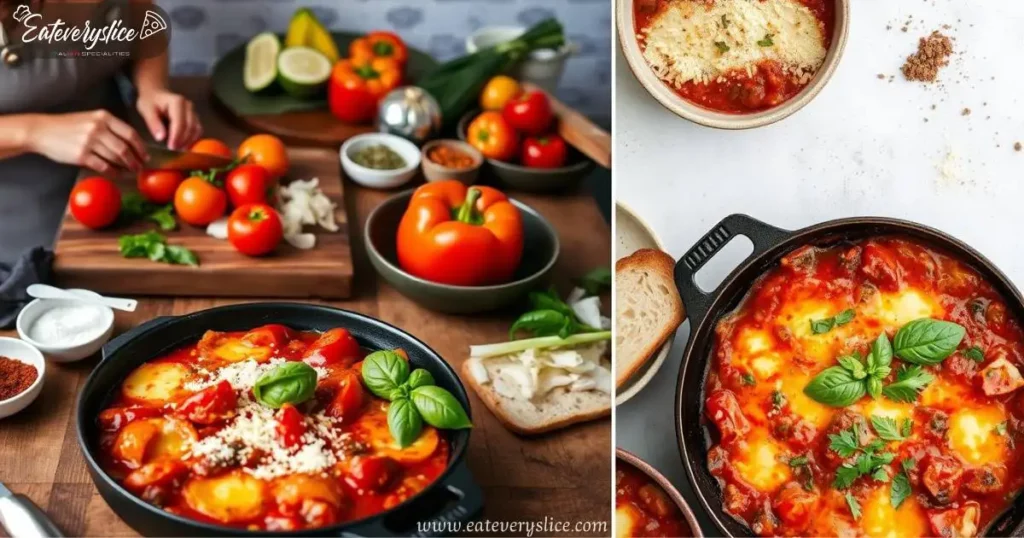 Eat Every Slice woman slicing ripe tomatoes, bell peppers, and onions on a wooden counter, with colorful spices in small bowls