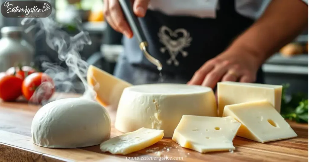 Eat Every Slie A close-up of a chef expertly managing moisture levels in a variety of pizza cheeses, showcasing fresh mozzarella