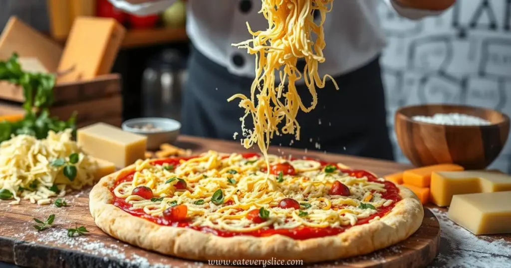 Eat Every slice chef expertly blending different cheeses like mozzarella, cheddar, and parmesan, surrounded by fresh pizza ingredients