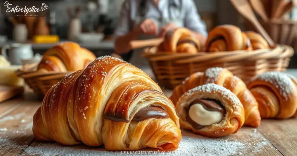 Eat Every Slice A beautifully arranged Italian croissant with a golden, flaky exterior, highlighting its unique crescent shape