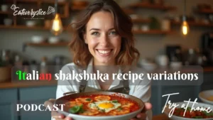 A rich, flavorful Italian-style shakshuka with poached eggs in a spiced tomato sauce, garnished with basil, featured on the Eat Every Slice podcast.