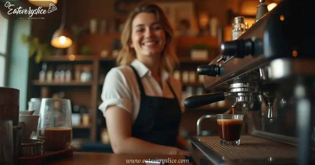 A cheerful barista in a cozy Italian coffee shop prepares a ristretto shot, with the coffee slowly dripping into a small glass, forming a thick crema