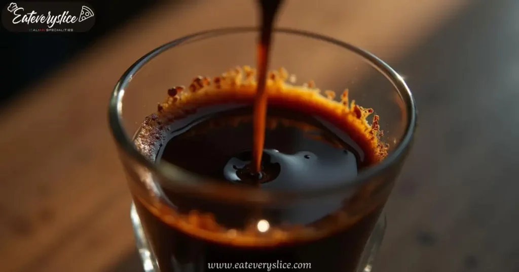 Close-up of a dark ristretto shot in a delicate glass, framed by a sleek portafilter, illuminated by soft lighting to highlight its intensity