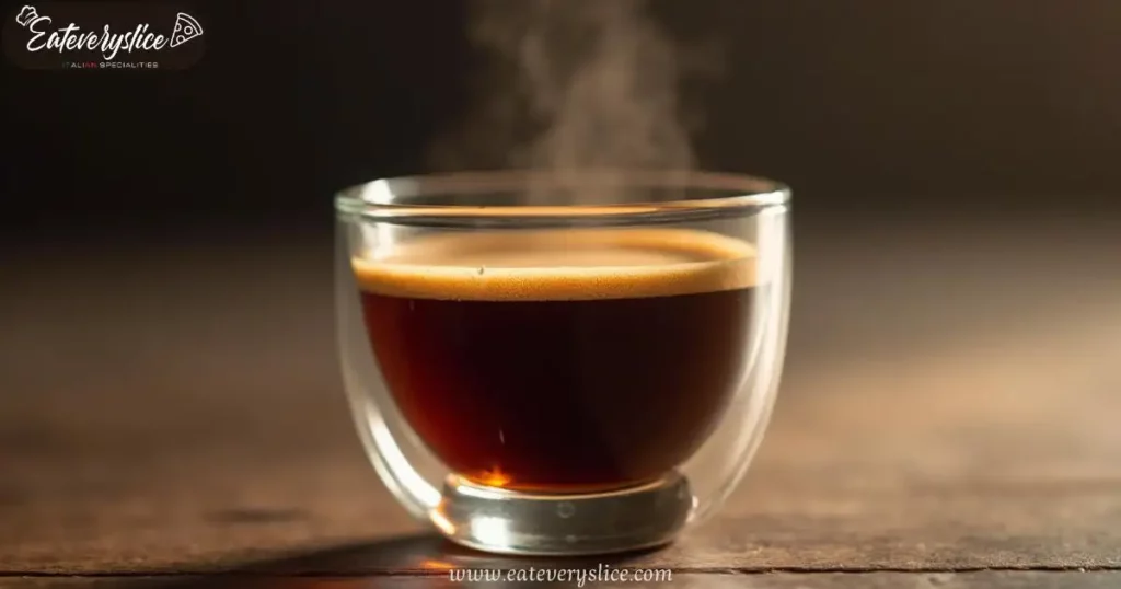 Close-up of a finely brewed ristretto shot in a delicate glass, illuminated by soft lighting, showcasing its dark, intense hue and rich flavor profile