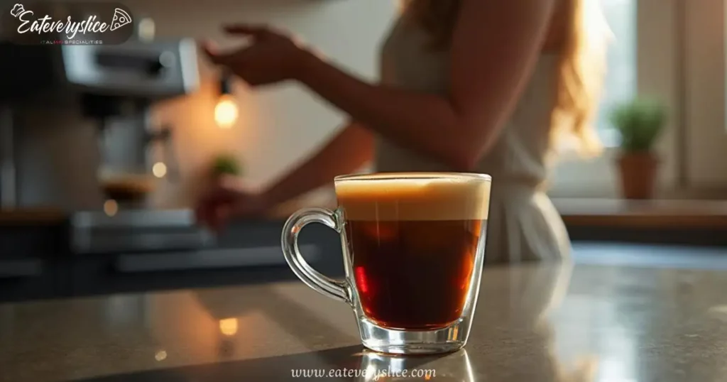 Close-up of a freshly brewed ristretto shot in a demitasse cup, showcasing its rich crema and viscous texture under warm lighting