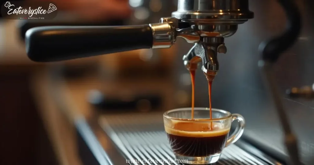 Close-up of a freshly brewed ristretto in a stylish demitasse cup, showcasing its syrupy texture and velvety crema, with a woman admiring her coffee.