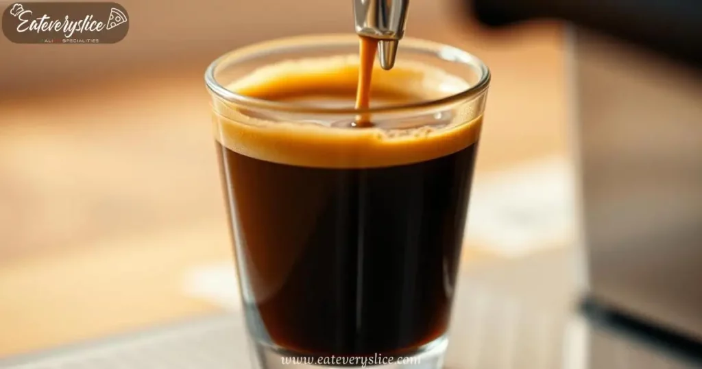 Close-up of a freshly brewed ristretto shot with rich crema in a sleek espresso machine, showcasing its syrupy texture and concentrated flavor.