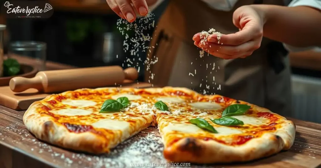 Eat Every Slice freshly baked parmesan cheese pizza, golden crust