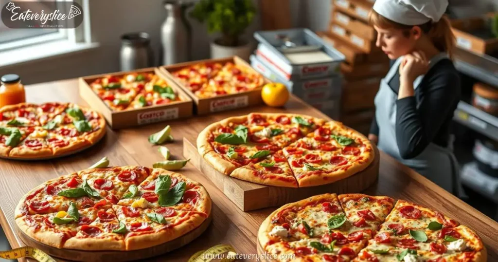 Eat Every Slice variety of Costco pizzas on a wooden table