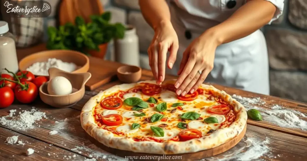 Eat Every Sliec traditional Italian-style pizza being hand-tossed by a female chef