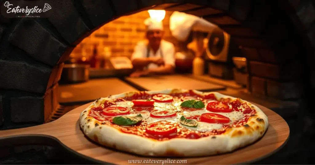 Eat Every Slice freshly baked Margherita pizza resting on a wooden peel